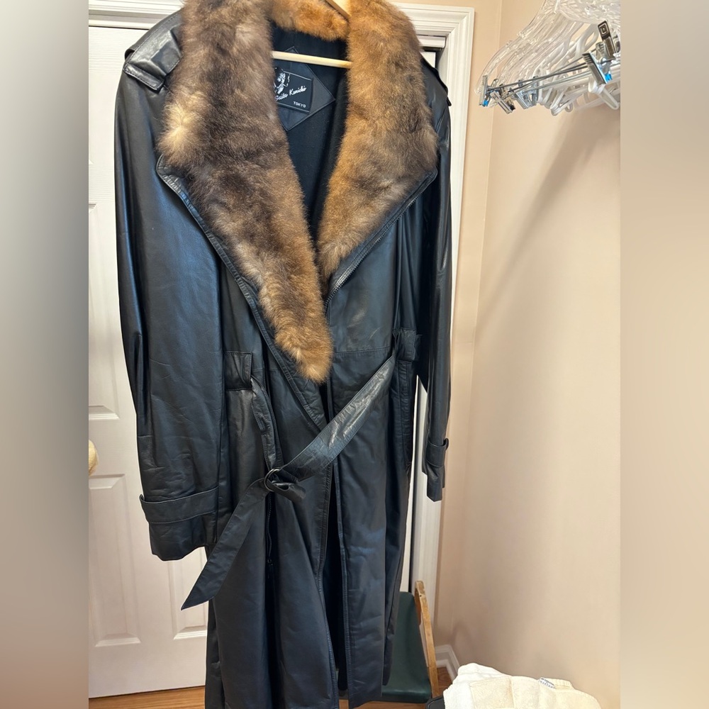Black Leather Coat with Fur Collar